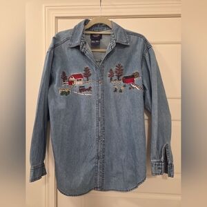 Women's Vintage Denim Shirt with Embroidered Farm Scene